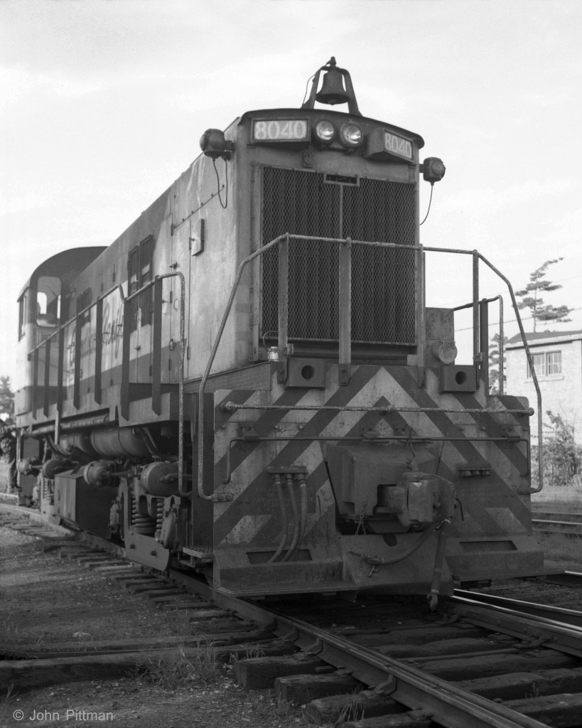 10 year old RS-23 CP 8040, in the Canadian Pacific script paint scheme, is switching above Rue Laviolette underpass, the narrow middle section of Trois-Rivieres yard.  CP 8040 was commonly seen in Trois-Rivieres in 1970.