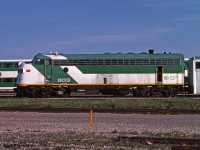 Auxilliary Power Control Unit (APCU) GOT 903 in class CAP-60a is having a weekend rest in Willowbrook Yard. It is at the end of a train of single-level GO coaches, while new bi-level coaches are a couple of tracks over.<br>
Originally built as an FP7A ONT 1512, it was converted for GO Transit use and delivered in 1974 with original number GOT 9861. It was renumbered to 903 in 1975 and survived until 1995.<br><br>
APCU's were intended to work with a non-HEP locomotive, GO's 700 series, at the opposite end of the train.
The cab and operating controls are retained, with MU cabling through the train to the locomotive.
The original prime mover diesel, main generator, traction motors, etc were removed. They were replaced by a 600 HP diesel generator set that powers lighting, air conditioning, and other electricals in the coaches.