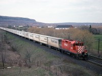 A single GP9 easily handles its roadrailer train down the escarpment on its way to Lambton yard. Still one has to wonder why CP lost or gave up this train to CN. 