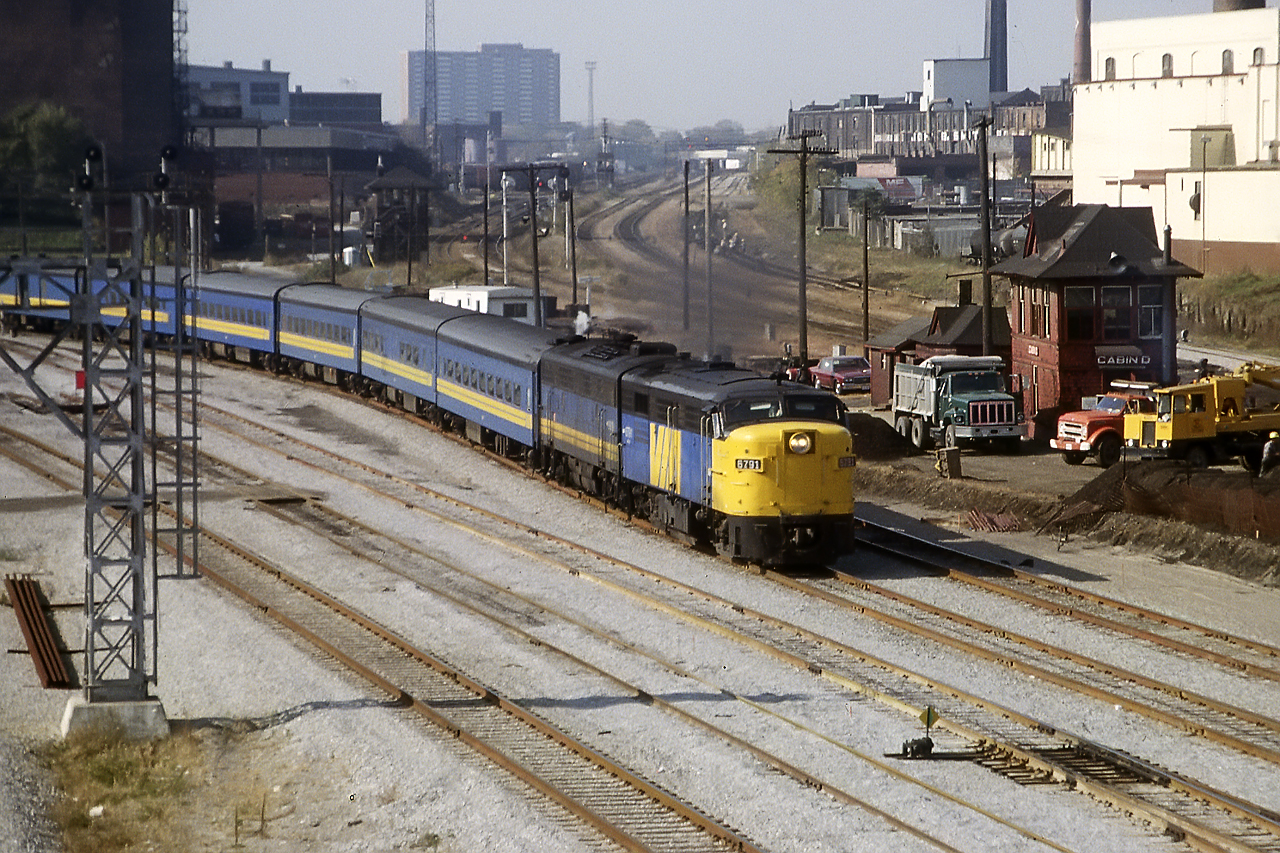 On a Friday morning, 6791 leads a typically healthy sized 74 into Toronto. While far beyond the lost glory days of passenger rail, in the early 80's VIA could still throw together a magnificent smooth sized monster in Toronto. It's a bit of an adventure being a 3rd brakeman on a 20 car run to Windsor.