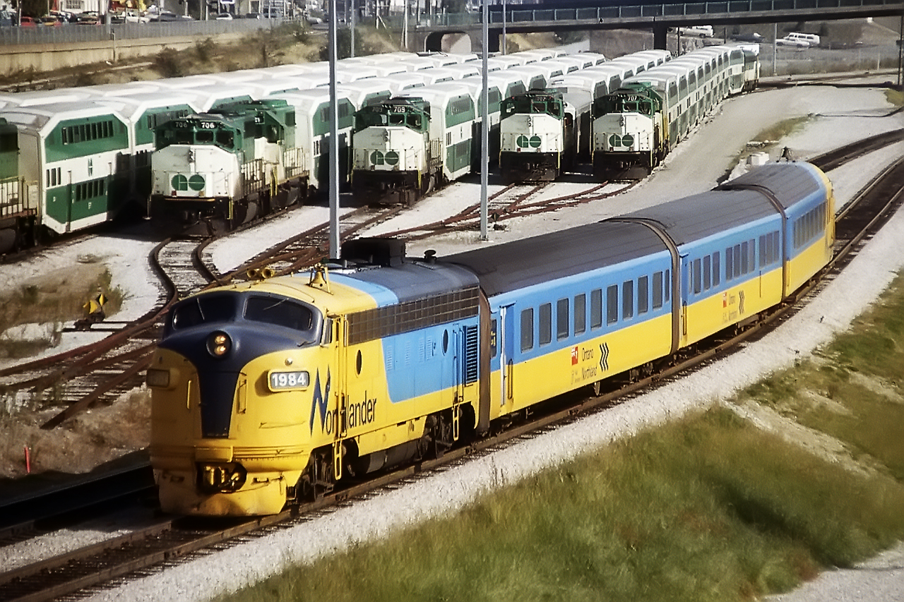 Every once in a while, you find a slide that brings back a lot of memories. I used to ride the Northlander to the cottage almost every summer weekend. The Swiss trainset was a great addition to the Ontario rail scene, even is was far too small a train for weekend runs; constantly  being oversold, as the ticket sellers never got their heads around a 3 car train maximum. GO Transit still ran some pretty interesting consists too; I'm still looking for ones where they borrowed CN 4016, 4017 for some double headed runs.