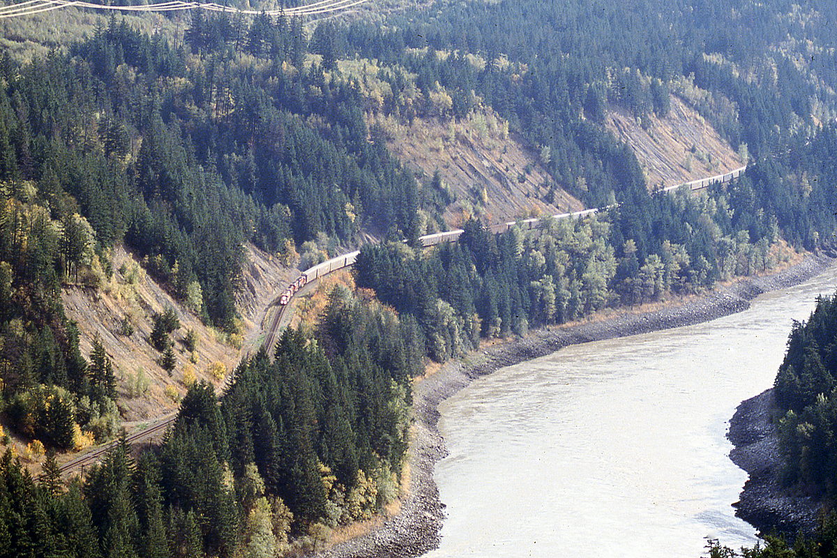 4 SD40-2's. led by an "F" lead a solid string of autos down the Fraser Canyon. All back in the days before direction running, DPU's and double subbers.