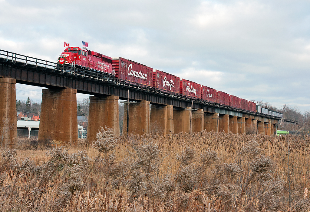 Heading west towards their next performance in Bowmanville, this years Holiday Train scoots by Port Hope.