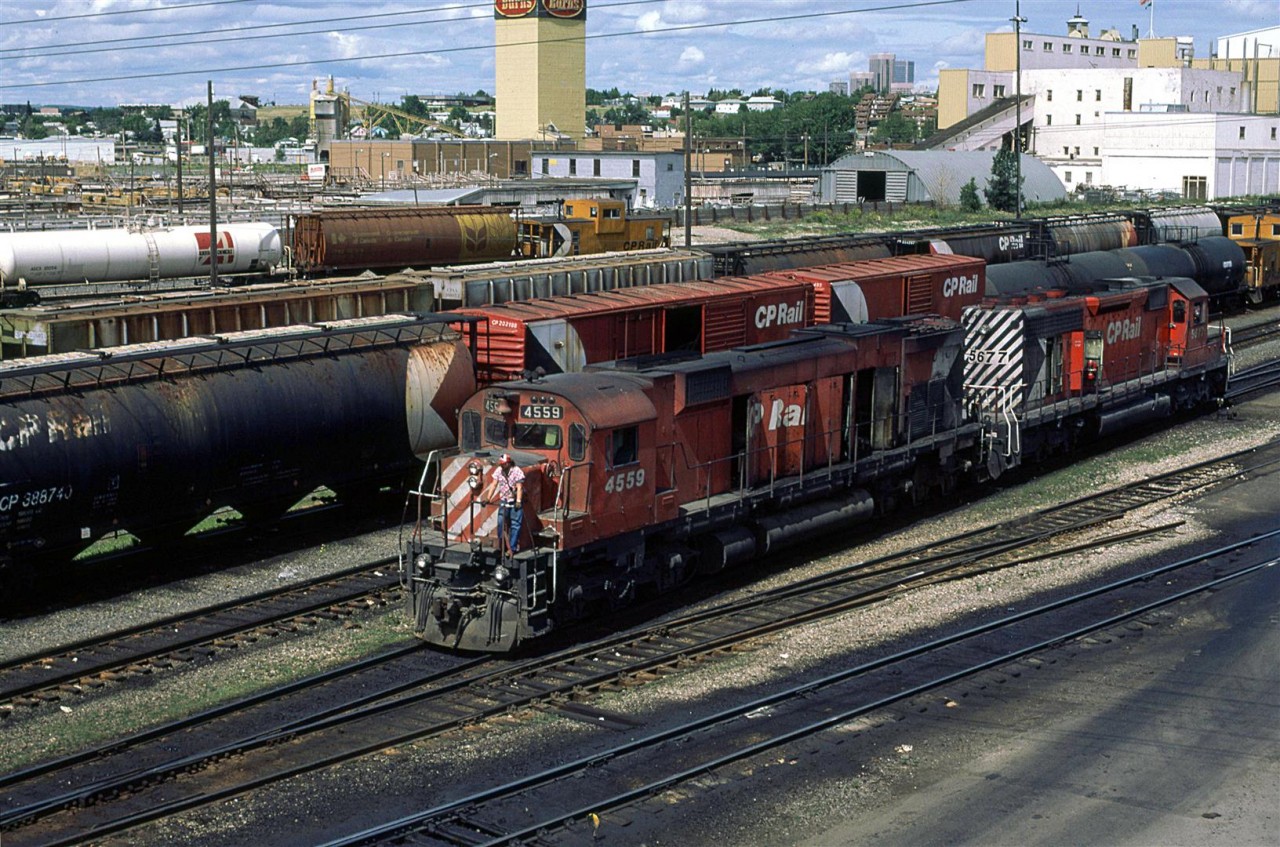 I would normally say that this Alco needed some TLC, but the trailing SD-40 looks to be in the same shape.
I believe that it had come through the shops and was either in need of additional work or was headed to an eastbound train.