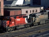 CP was leasing these SD-40's from QNS&L during the winter of '84-'85. I never saw them in a lead position, however.
Here, they have had some routine maintenance performed and are on the ready tracks.