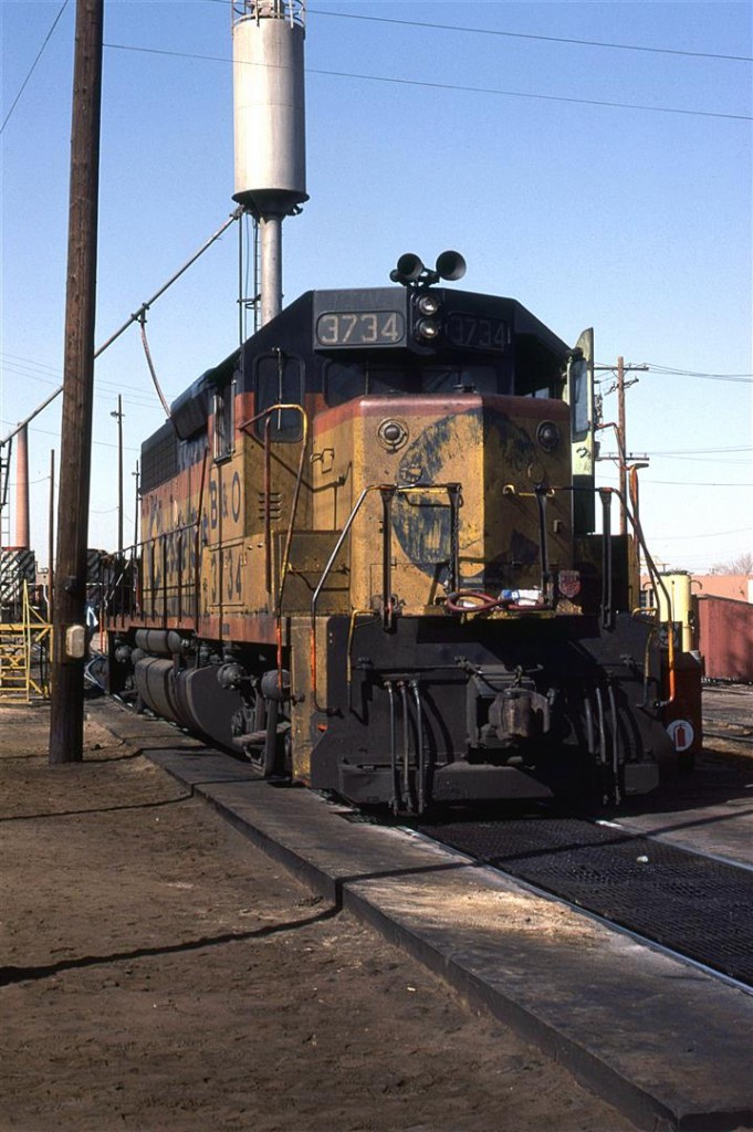 CP, as usual, was leasing all sorts of power in the '80's. Here, Chessie 3734 sits at the service track at Alyth shops
