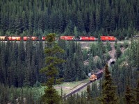 Even in 1985, the trees were beginning to obscure the view of the Lower Spiral Tunnel. This eastbound manifest is just long enough for the over-under shot.