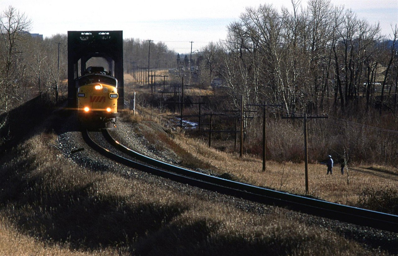 The westbound "Canadian" crosses the Bow River using two bridges in west Calgary. A couple of onlookers watch from a distance.