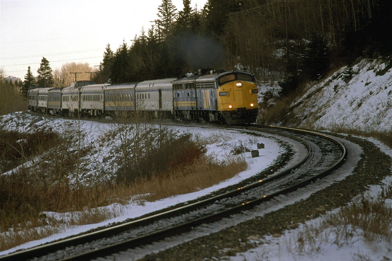 As may be seen in the background, it is sunny out. But the sun does not shine on this curve just to the east of Brickburn Siding this time of year. The embankment on the south side of the Bow River is quite high at this point. The river is just to the left, out of frame.