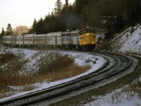 As may be seen in the background, it is sunny out. But the sun does not shine on this curve just to the east of Brickburn Siding this time of year. The embankment on the south side of the Bow River is quite high at this point. The river is just to the left, out of frame.