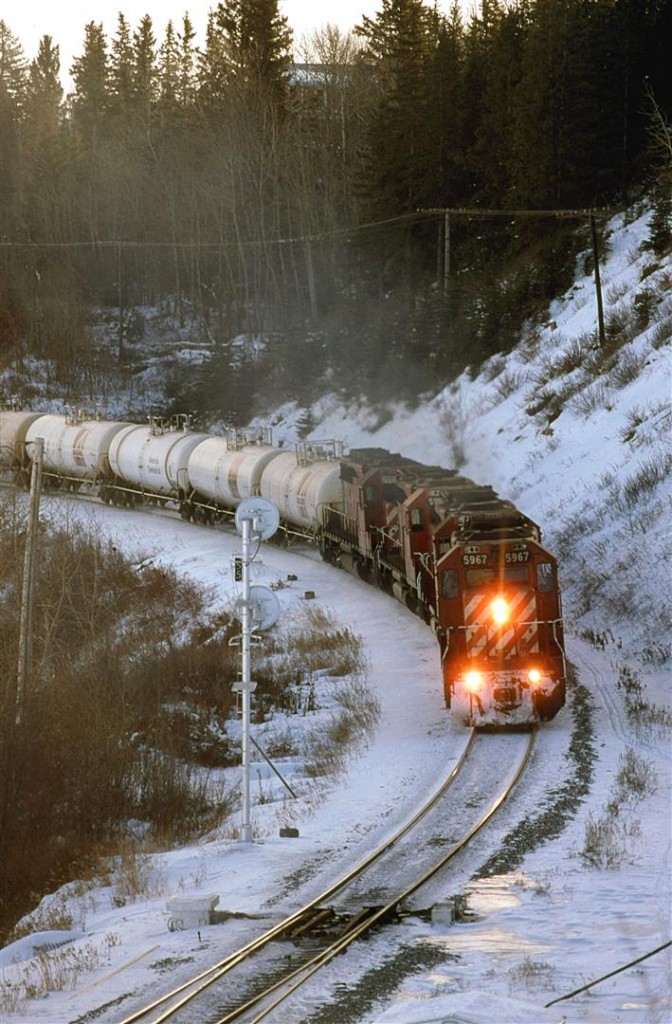 A loaded Liquid Petroleum Gas train approaches the east switch of Brickburn. It looks like the switch heaters have been used recently.