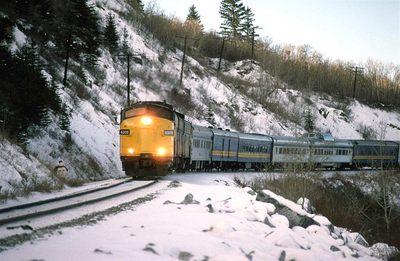 In retrospect. I am not so certain why I spent most of this day in the shade. I guess I thought that the curved track in the shade was more interesting than straight track in the sun.
VIA's eastbound "Canadian" enters the S curve just east of Brickburn with a shiny 6305 leading.