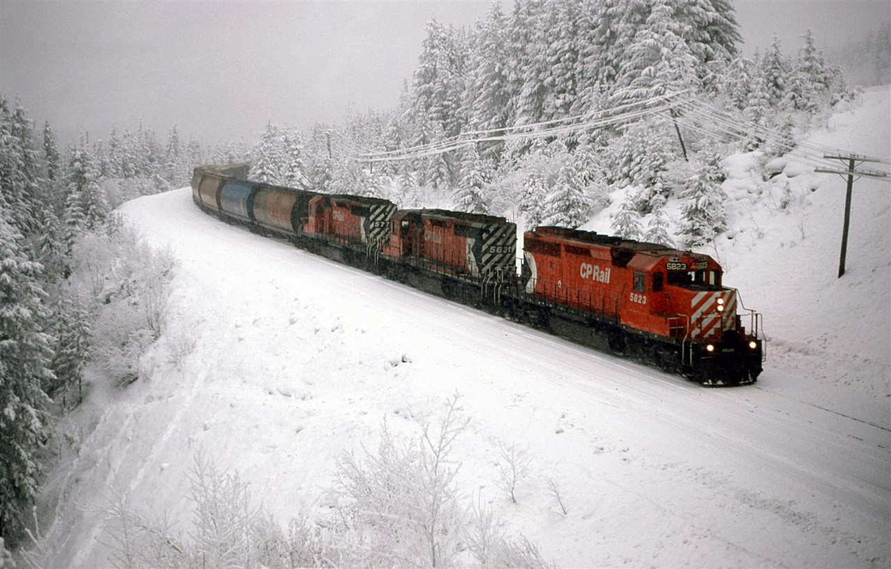 The  train is trough the Spiral Tunnels and is about to go through a significant slide area, and then it will run along a ledge on Cathedral mountain into Field.