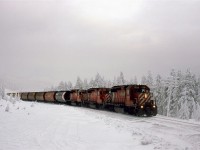 This loaded grain train straddles the continental divide at Stephen in the Kicking Horse 
Pass. As usual, the older narrow strip locomotives rarely lead. Broken clouds and periodic heavy snow make for interesting foregrounds and ever-changing backdrops. 