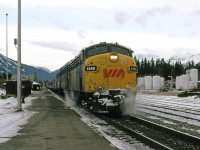 The eastbound "Canadian" makes a brief stop at Banff on Hew Year's Eve. An interested onlooker is nearby.