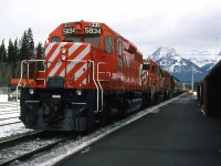 After cross country skiing for a while, we returned to Banff and found this grain train sitting at the station. Perhaps it was waiting for an eastbound train to pass?
Note the open speeder in the background and the fresh paint on the two lead locomotives.
This is likely my last photo taken in 1985
