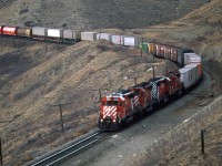 About 50 minutes after the eastbound "Canadian" passed, the usual freight that accompanies the passenger train showed up. It was a relatively hot train, but CP was apt to fill it out with anything headed east as can be seen by the grain cars in this photo.