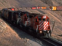 A slightly different perspective of the same train as photographed by my wife. It is westbound, and about to enter Cochrane.