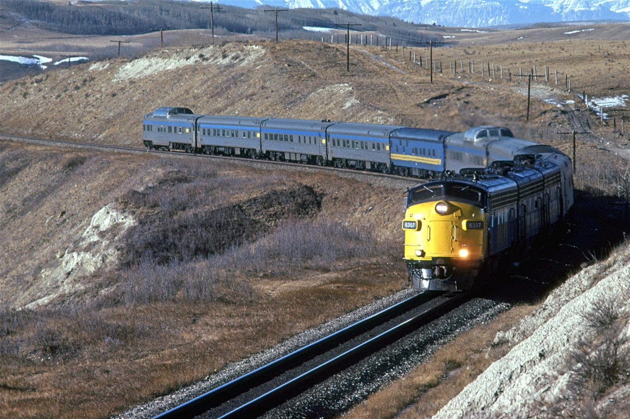 Eastbound "Canadian" approaching the dinky Glenbow siding. There was a small long-abandoned building adjacent to the siding that was close enough to the tracks to suggest that it may have served as a RR structure at one time.
The Rocky Mountains are in the background. At this time, it was quite a walk into this area. Now it is a park with easy bike and car access.