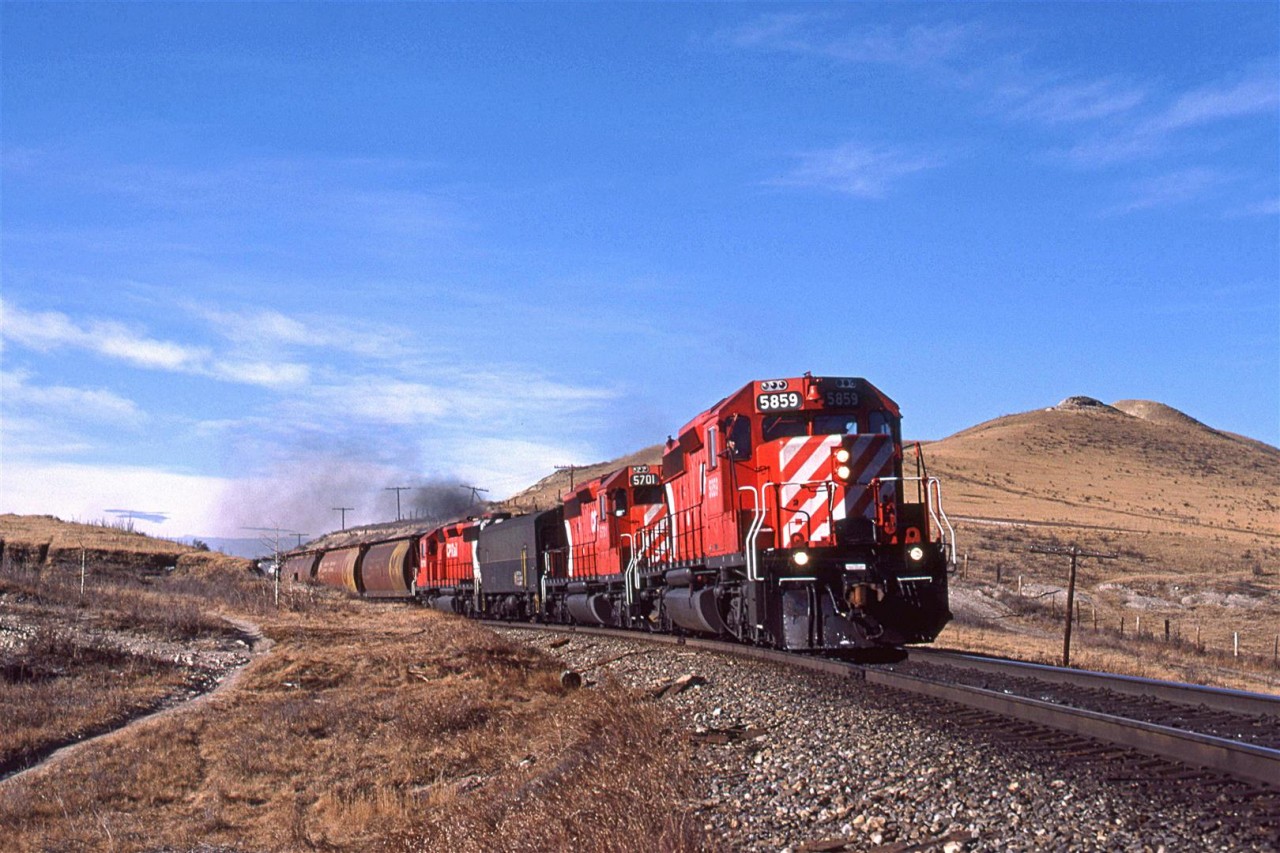 Another empty grain train winds through the twisted track along the Bow River between Cochrane and Calgary.
The Radio Control Car is still in British Colombia Railway colours.