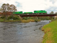 After working the yard in Vanceboro Maine, NBSR 908 crosses the St. Croix River from the US into Canada with work and a crew change just a few miles ahead at McAdam.