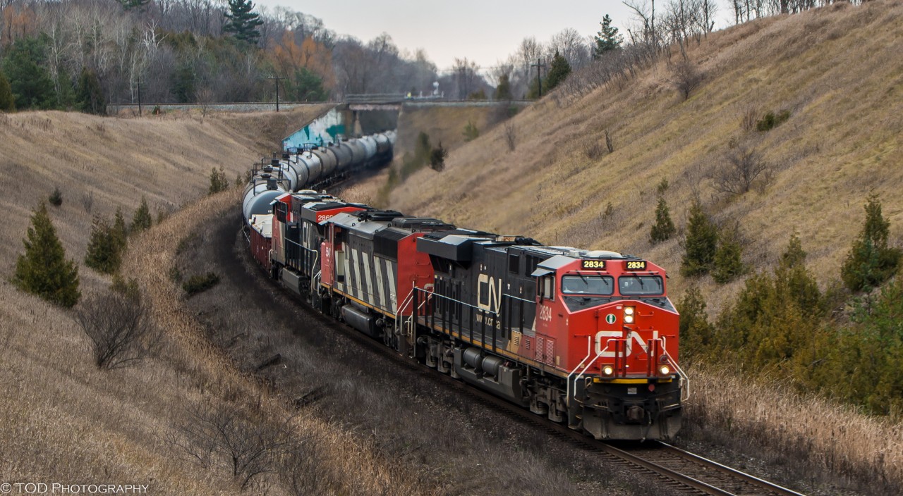 On a cloudy day, CN M305 comes up the grade at Beare, with an CN Barn sandwiched between a pair of GEVOs.(14:10)

CN 2834 ES44AC, CN 5547 SD60F, CN 2869 ES44AC