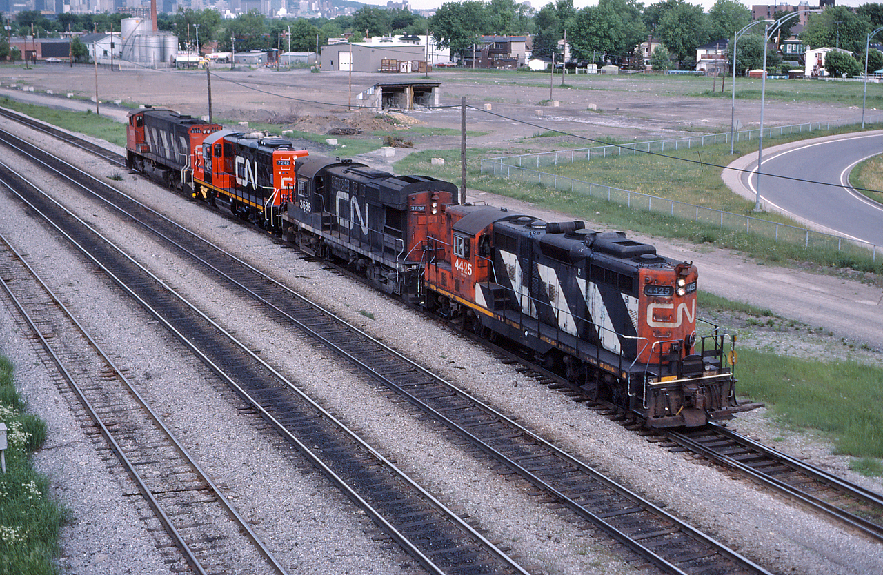 The CO Transfer enters Southwark Yard light power today with an electic mix of motive power; CN 4425, CN 3636, CN 7242 and CN 3574