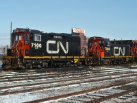 Power for the Road Switchers  based out of Don Yard in downtown Toronto await their next call to duty.  Power on hand this cold January morning includes a pair of SWEEPS CN 7100, CN 7106 and SW1200RS CN 7309.