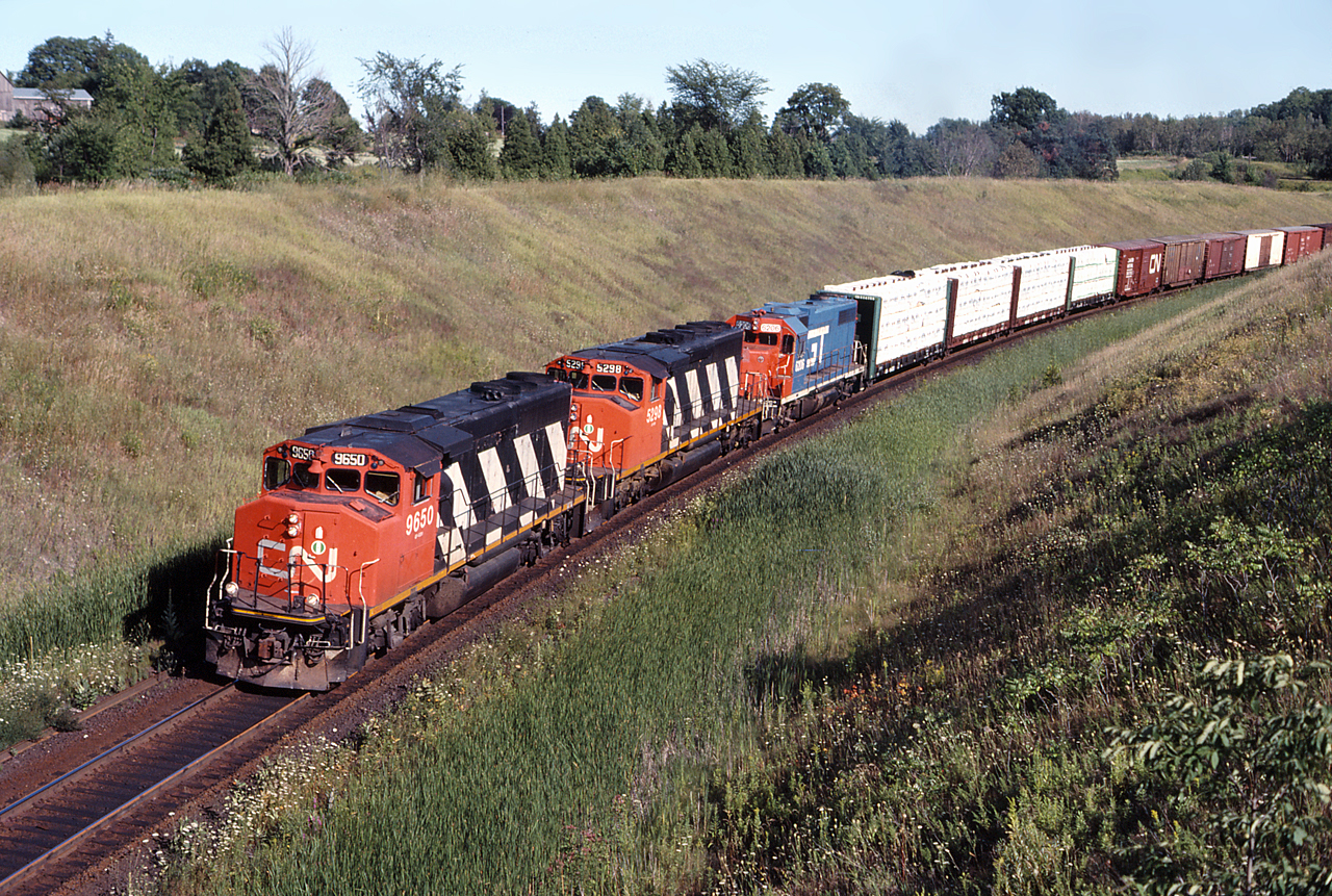 CN 9650, CN 5298 and GTW 6206 grind up grade through Beare on a beautiful August afternoon.