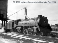 Canadian Pacific 4-6-4 "Royal Hudson" 2839, in freight service, is seen by the Lambton Yard coaling tower in February of 1960, close to the end of regular Canadian steam service. <br><br> Toronto newspapers had a photo of "The last mainline steam train out of Toronto," CP 2-8-2 5411 on December 31st 1959. Indeed this is what I thought was the end. However on February 20th 1960, a friend and I were checking around Mimico when we heard a steam whistle from the north, so we headed up to CPR's Lambton Yard in time to see Royal Hudson 2839 arriving back from a push to Orrs Lake, as seen here. We were told that 2414 had been used earlier that day. Apparently this was common for a few months in 1960. Elsewhere, Port McNicoll saw the final end for CPR on April 30th 1960 with 3722. In Eastern Ontario, apparently G5s were used on occasion Smiths Falls to Kingston up until April. And of course, there were several steam fan trips in 1960. <br><br> Rather than being scrapped, Royal Hudson 2839 was held for a museum, but later sold to a group in the US. After restoration, she did some steam excursions on the Southern Railway. Today, cosmetically-restored 2839 can be found on display in Sylmar California, as part of the Nethercutt Collection. 