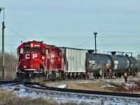 GP38-2's CP 4440 and 7308 (EX StLH ex DH) are seen switching at the west end of CP's Scotford Yard