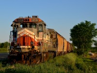 <b>The last train to ever operate on the MMA Stanbridge Sub.</b> The ex-MMA Stanbridge Sub (now owned by CMQ) has had crossings paved over in Farnham and in Bedford, thus sealing the fate of the line. This means that the train that was stranded on the line for nearly a year (shown here) was the last train to operate on this short ex-CP branch line. The teain was stranded due to a derailment about half a mile north of this crossing. The engine and the cars were moved about two weeks after this photo was taken.