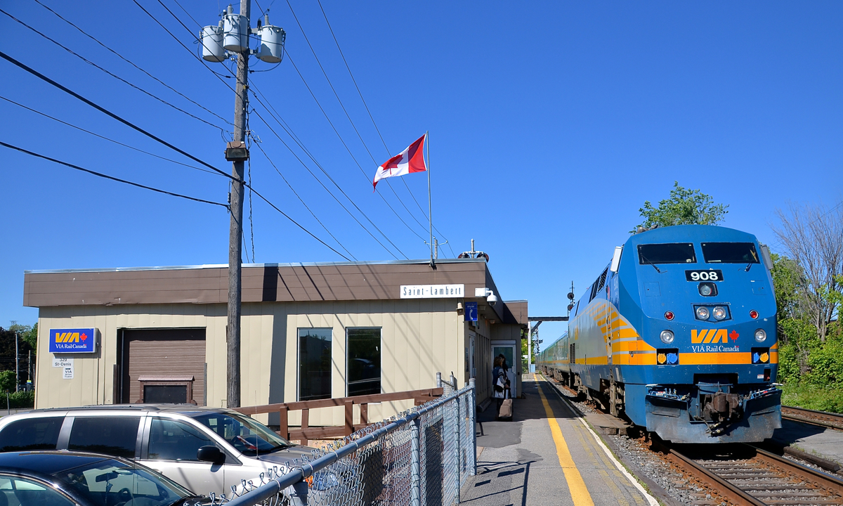 St-Lambert Station. VIA 22 with VIA 908 leading and a Renaissance consist makes its stop at St-Lambert Station.