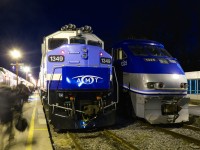 <b>F59PH-F59PHI comparison.</b> Recently repainted F59PH AMT 1349 is beside F59PHI AMT 1325 during the evening rush hour at Lucien L'Allier Station in downtown Montreal. While they are very similar internally, they clearly look very different externally.