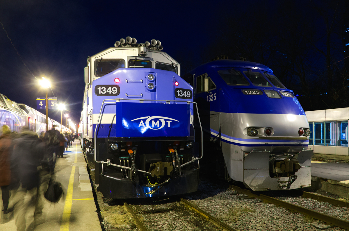 F59PH-F59PHI comparison. Recently repainted F59PH AMT 1349 is beside F59PHI AMT 1325 during the evening rush hour at Lucien L'Allier Station in downtown Montreal. While they are very similar internally, they clearly look very different externally.