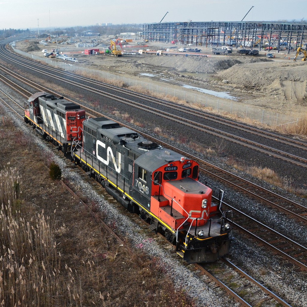 Perhaps the closest to an original Geep on CN today:  CN 7046 – CN 4116.


Both were  GP9's with 567 engines, and are now model GP9RM  with 16-645 engines. 


CN 7046 was rebuilt 1992 by Atelier ( Montreal) from 4282 ( GMD 1959 )


CN 4116 was rebuilt 1984 by CN Point St. Charles shop from CN 4131 ( GMD 1957)


 CN 7046 – CN 4116  ( CN 546?)  prior to pushing 11 loads from  Gerdau Ameristeel.


Mile 304 Kingston Subdivision, Hopkins Street overpass, Whitby, Ontario, December 9, 2015 image by S.Danko.


The Geep:
 

         at Leaside  
 

What's interesting:


Note the Marker Lights on both 7046 and 4116


In the background: Construction of the new GO service facilities.


sdfourty