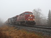 After its trip up from Hamilton, CP 8738 leads CEFX 1033 through the fog and up to Tremaine Road just outside Milton on what would prove to be a record warm day here. 
