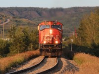 CN 506 makes it's way up the 2.2% grade towards Roma Junction terminal with a very long train today. The setting July sun at 9pm made this shot possible.