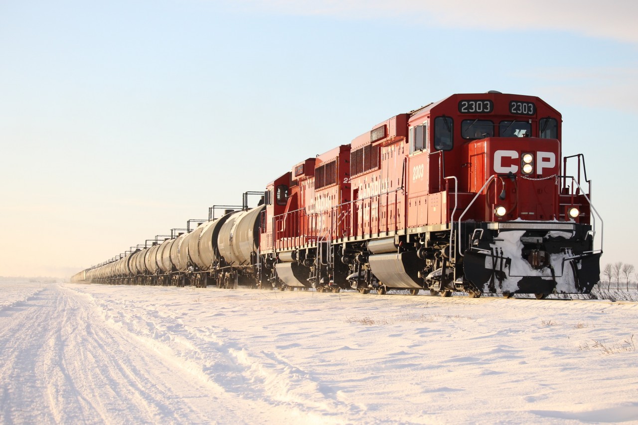 CP 2303 hauls a nearly mile long Altona local towards Rosenfeld, MB.
