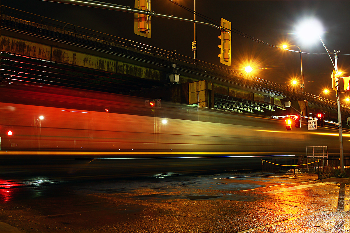 A pair of zebras streak across the Don Roadway on the Portlands Spur. Up top is the Gardiner Expressway. Elevated expressways and railways spurs go together very nicely in my opinion.