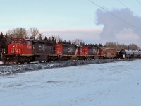 Switching on the Fort Saskatchewan Industrial Lead out of CN's Scotford Yard are SD40-2(W) CN 5345, SD40-2 CN 5368 and SD40-2 GTW 5933 (ex MP 3178)