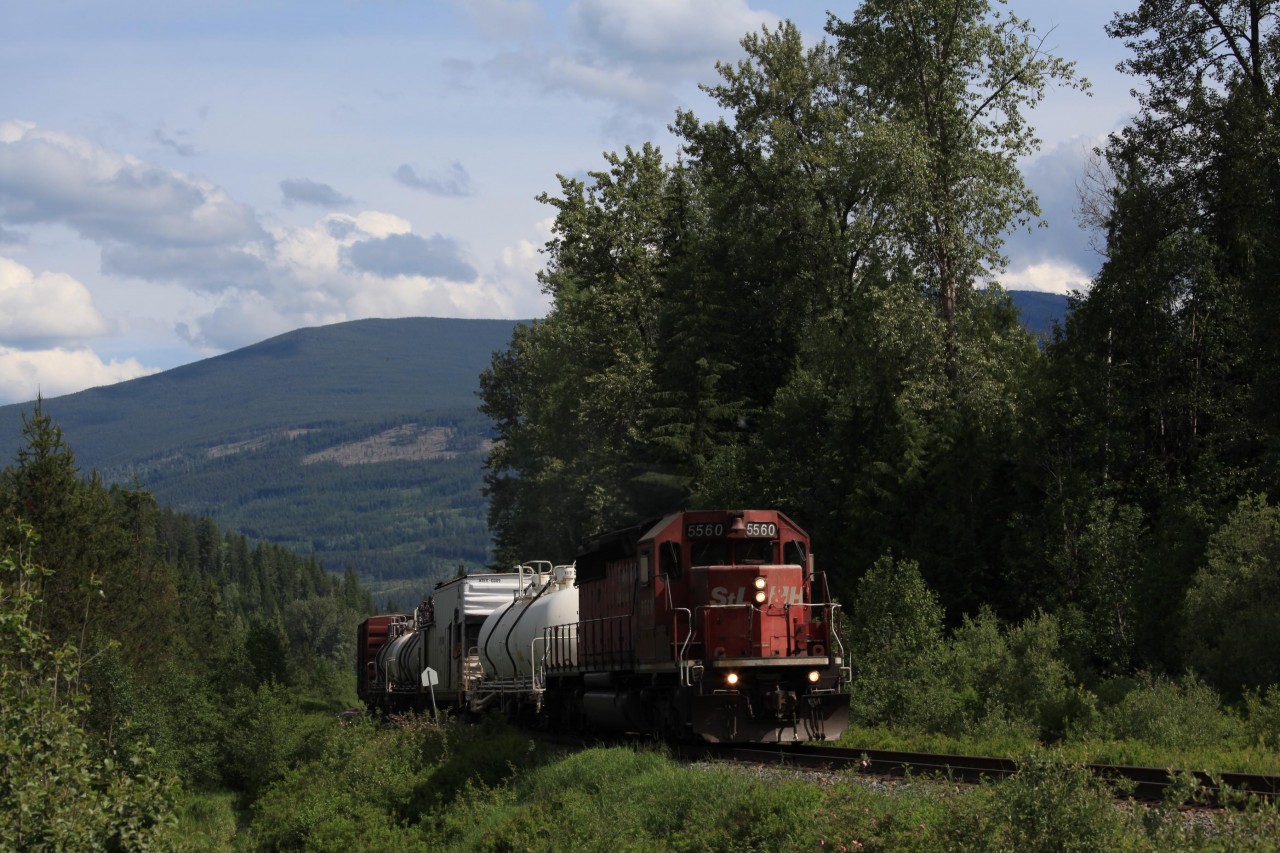 One of the surprises of my visit to Canada in 2015 was a weed train on the Kootenay Valley Railway. The train had come to Cranbrook, Bc behind a toasted AC4400. There 9672 was replaced by SD40-2 5560, one of three units remaining in the StL&H paint scheme. Just west of Curzon, BC the weed train is seen climbing out of the valley of the Moyie River on its way to Creston, BC.