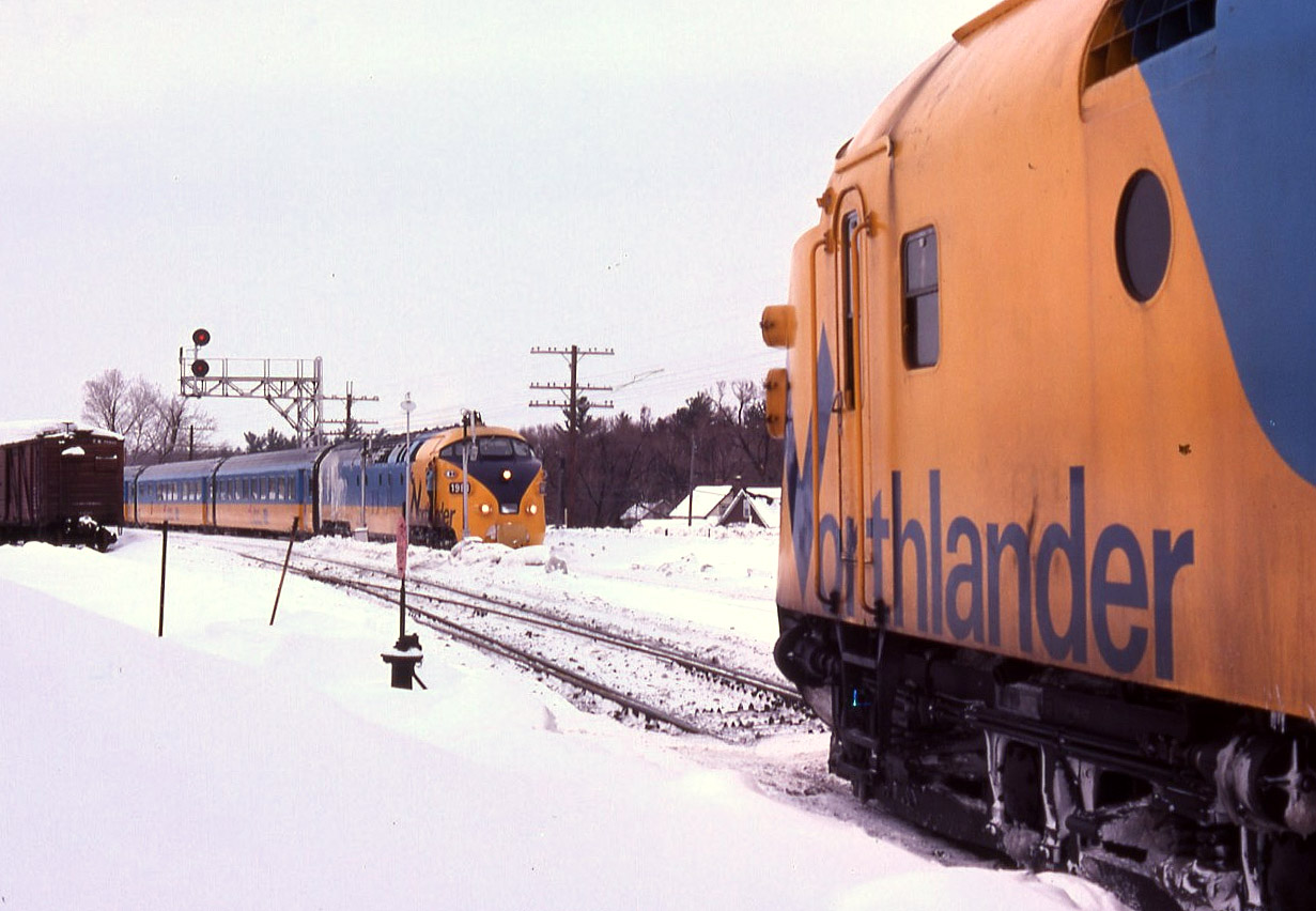 North and southbound Northlanders meet at Gravenhurst back when the TEE units were still used as power.