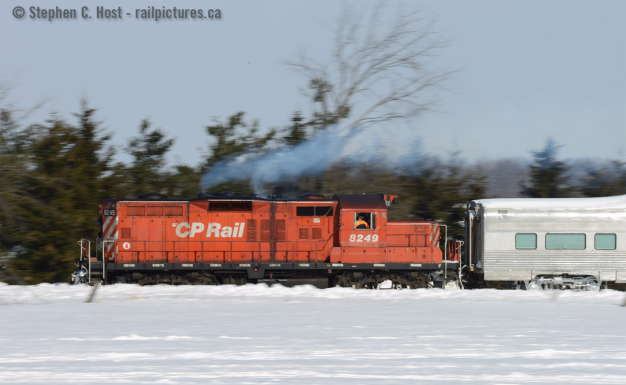 Getting the hell out of dodge one can appreciate the familiar drone of an EMD 567 as Engineer Wayne THompson accelerates her to track speed. The next town up the line is Boston Mills, the now famous name of a company that publishes some great books for the likes of us. Notably this was the very last GP9 to survive on CP before being retired.
