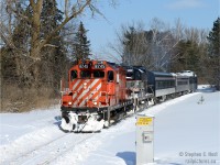 Having departed Orangeville, the Orangeville-Brampton Railway's Credit Valley Express snow train accelerates to track speed with the last CP GP9 to survive on the CP roster, 8249 in the charge.
