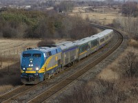 VIA 45 leading an express Ottawa-Toronto train with a baggage car up front.