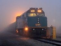 VIA 6419 rests in the early morning fog at Windsor. Soon she will awaken and power Toronto bound train 72.