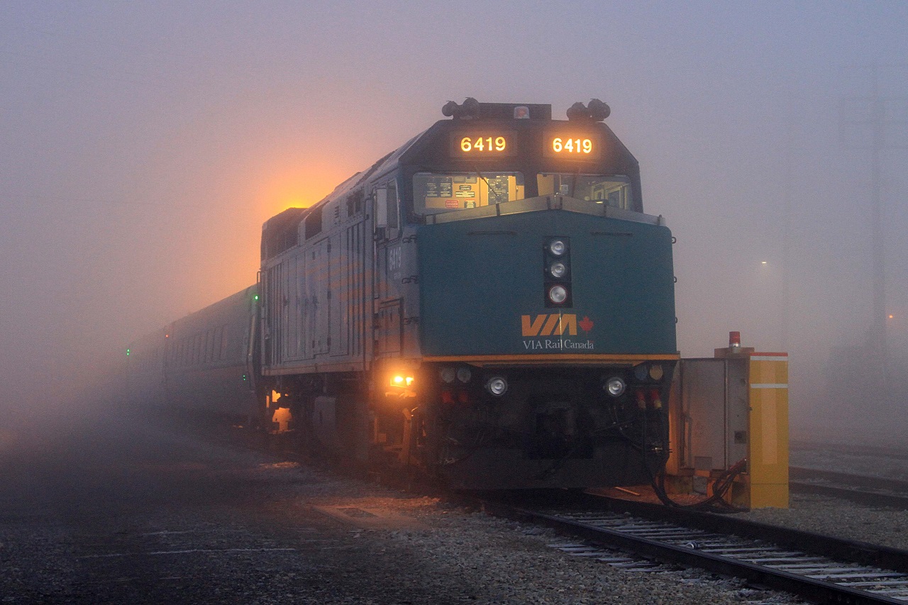 VIA 6419 rests in the early morning fog at Windsor. Soon she will awaken and power Toronto bound train 72.