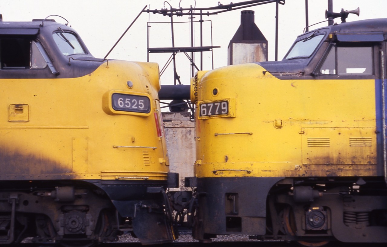VIA FP9a 6525 and FPA-4 6779 sit nose to nose at the Spadina roundhouse.