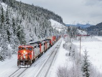 With a wild consist of CN Dash 8 variants, Robert's Bank-Chicago train Q116 cruises through a very snowy scene at Geikie. CN 2451, CN 2417, CN 2412 and CN 2174 provide the power.